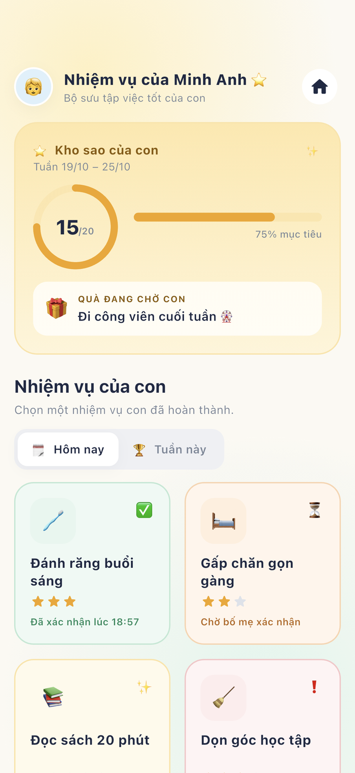 Chế độ Con trên iPhone, bố cục dọc: kho sao 15 trên 20 và lưới nhiệm vụ hai cột.