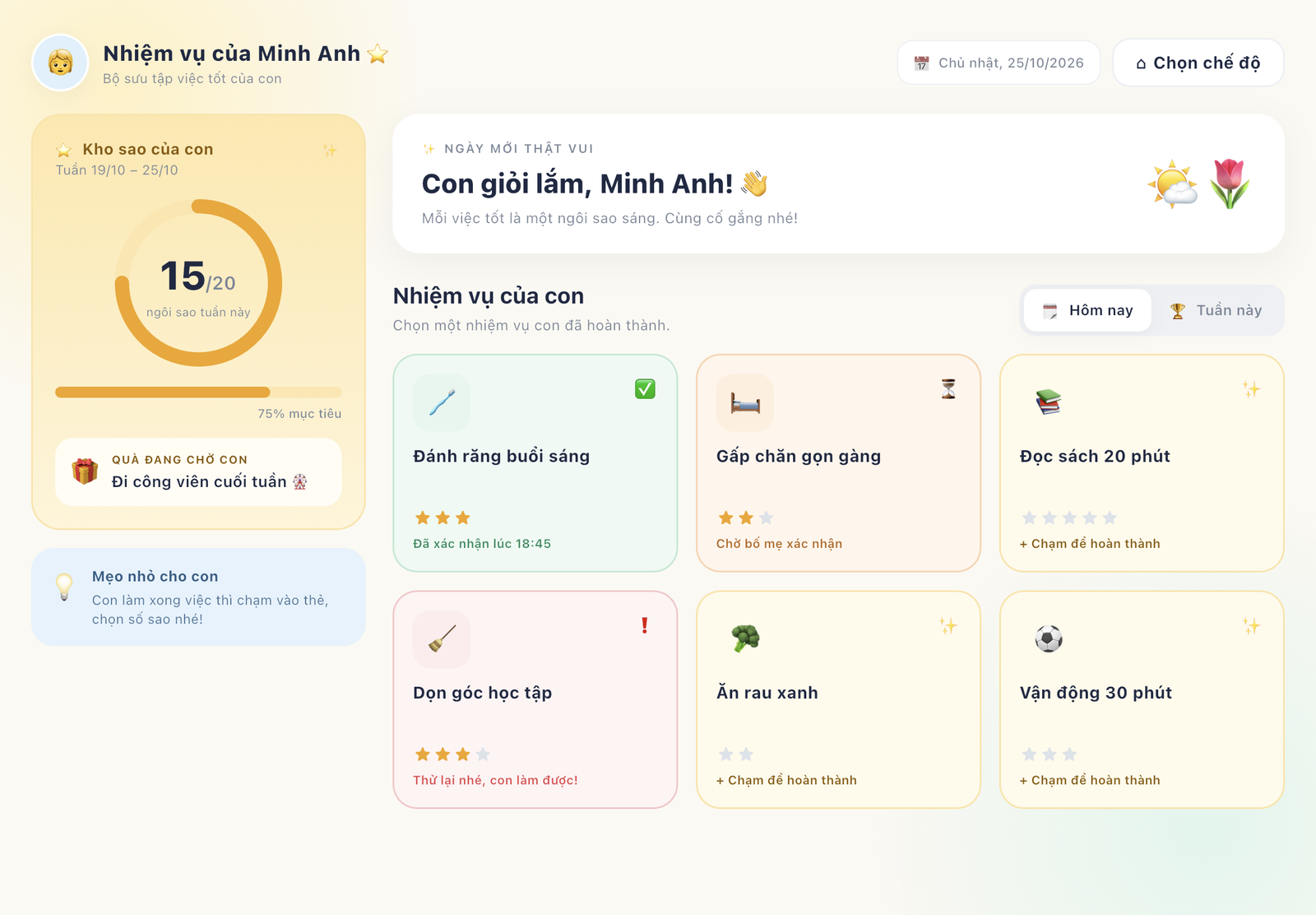 Chế độ Con trên iPad: Kho sao của con đạt 15 trên 20 sao, bên cạnh là các thẻ nhiệm vụ hôm nay như Đánh răng buổi sáng, Gấp chăn gọn gàng và Đọc sách 20 phút.